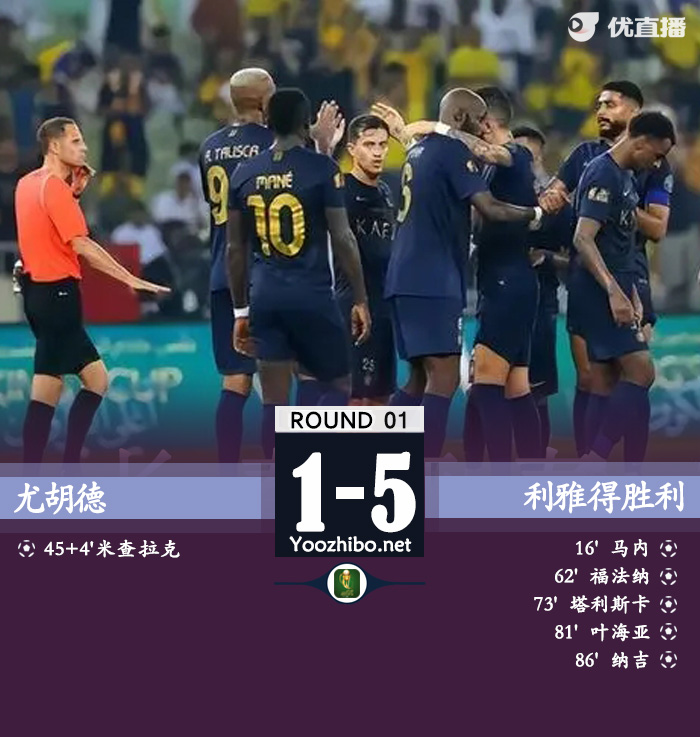 利雅得胜利5-1尤胡德 马内点射塔利斯卡头槌C罗轮休